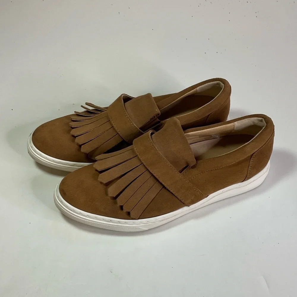Anthropologie‎ Suede Fringe Slip On Loafers Size 38